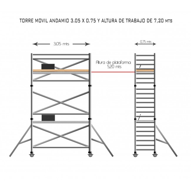 Torre de andaimes móvel mais alumínio IBERANDAMIOS 75 x 305 x 720 altura de trabalho