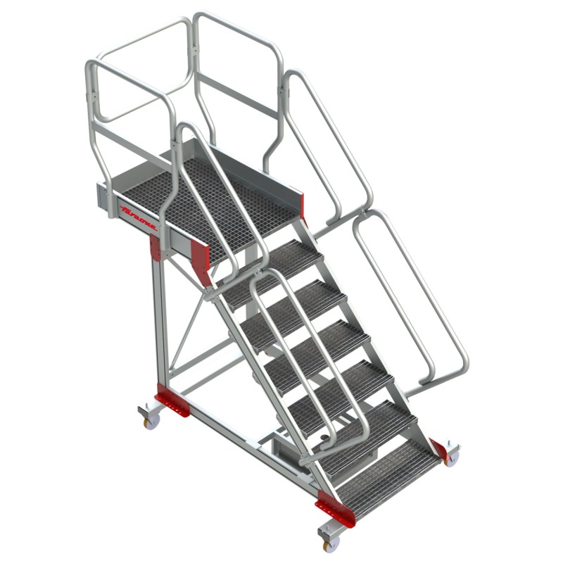 Escalera aluminio con plataforma, voladizo y 4 ruedas peldaños en tramex - Faraone uso intensivo SB-T