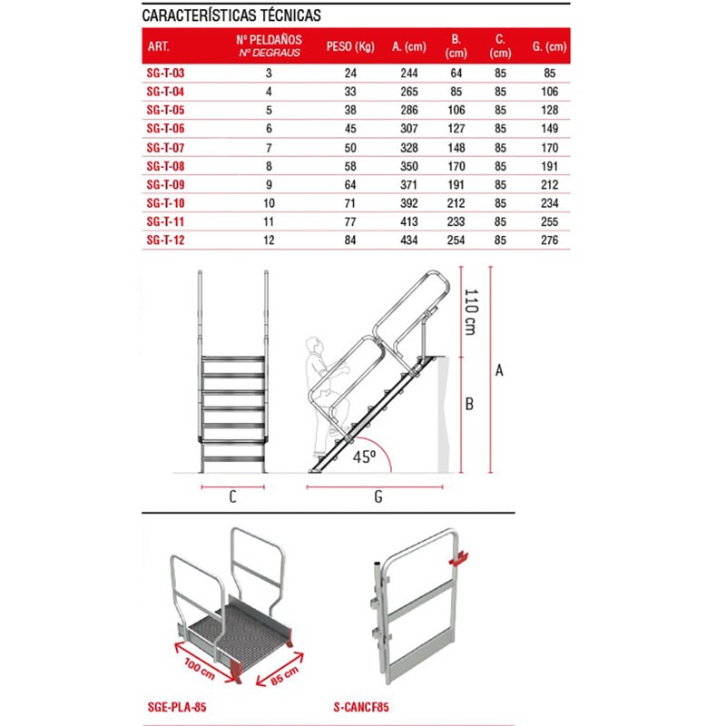 Escalera fija de tramex para entreplantas y altillos inclinacion 45º SG-T