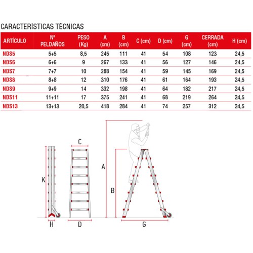 Escalera de tijera aluminio de doble subida 6+6 peldaños NDS6 Faraone