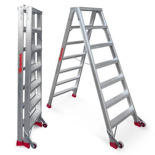 Escalera de tijera aluminio de doble subida 7+7 peldaños NDS7 Faraone