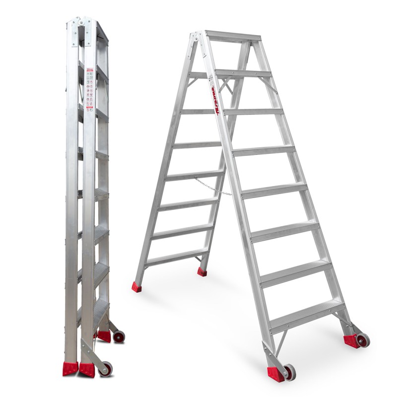 Escalera de tijera aluminio de doble subida 8+8 peldaños NDS8 Faraone