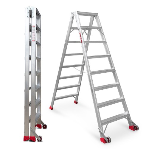 Escalera de tijera aluminio de doble subida 8+8 peldaños NDS8 Faraone