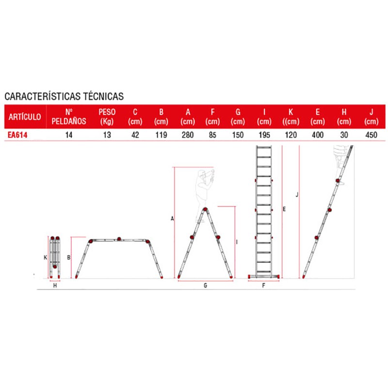 Escalera articulada multiuso en aluminio 14 peldaños
