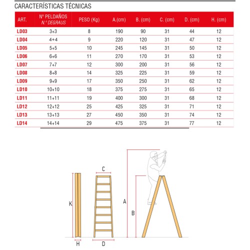 Escalera doble subida de madera 11+11 peldaños