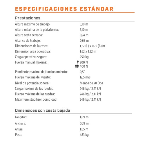 Plataforma de elevação de pessoal com impulso manual e elétrico