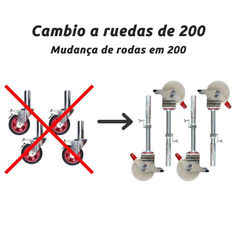 Troco as rodas base de 150 mm por rodas de nylon de 200 mm com fuso de aço ajustável. Carregar até 500 kg
