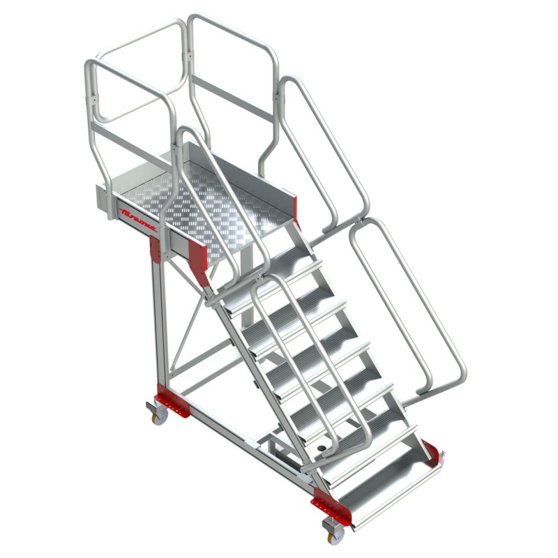 Escalera con plataforma, voladizo y 4 ruedas de 4 a 17 peldaños FARAONE