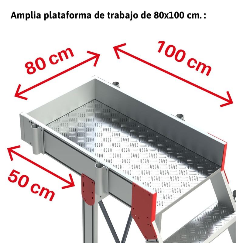 Escalera aluminio con plataforma, voladizo y 4 ruedas  - Faraone  hasta 17 peldaños
