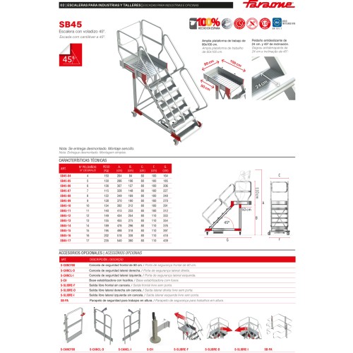 Escalera aluminio con plataforma, voladizo y 4 ruedas  - Faraone  hasta 17 peldaños