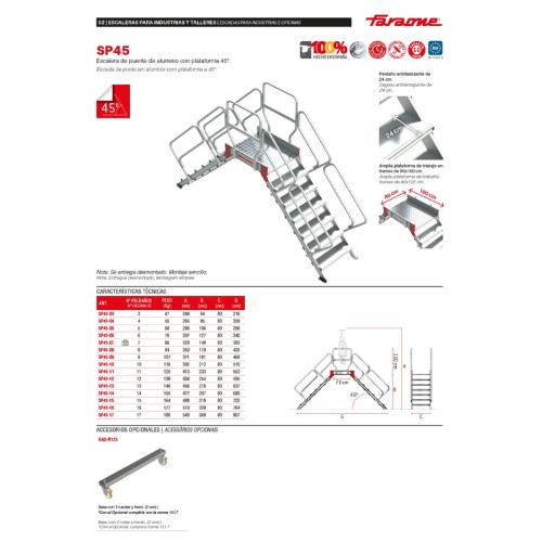 Escalera tipo puente con plataforma y 3 peldaños. Inclinación 45º SP45