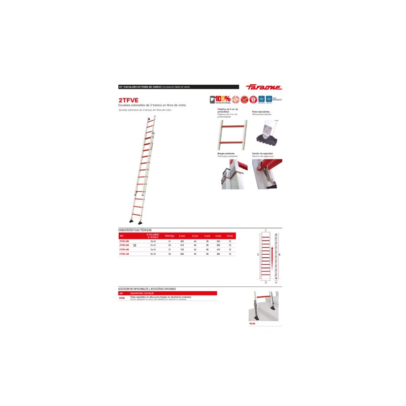 Escalera extensible de fibra y 2 tramos 16+16 peldaños 2TFVE Faraone