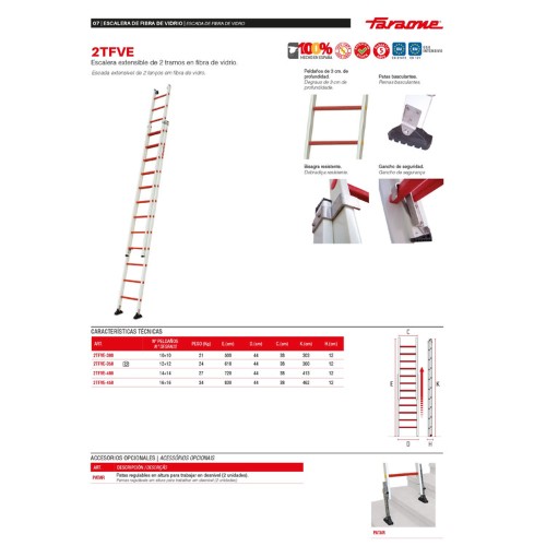 Escalera extensible de fibra y 2 tramos 16+16 peldaños 2TFVE Faraone