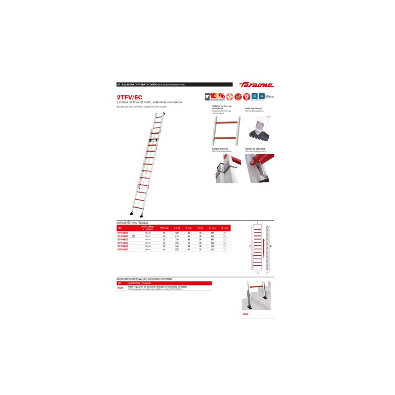 Escalera extensible de fibra con cuerda 10+10 peldaños 2TFV/EC Faraone