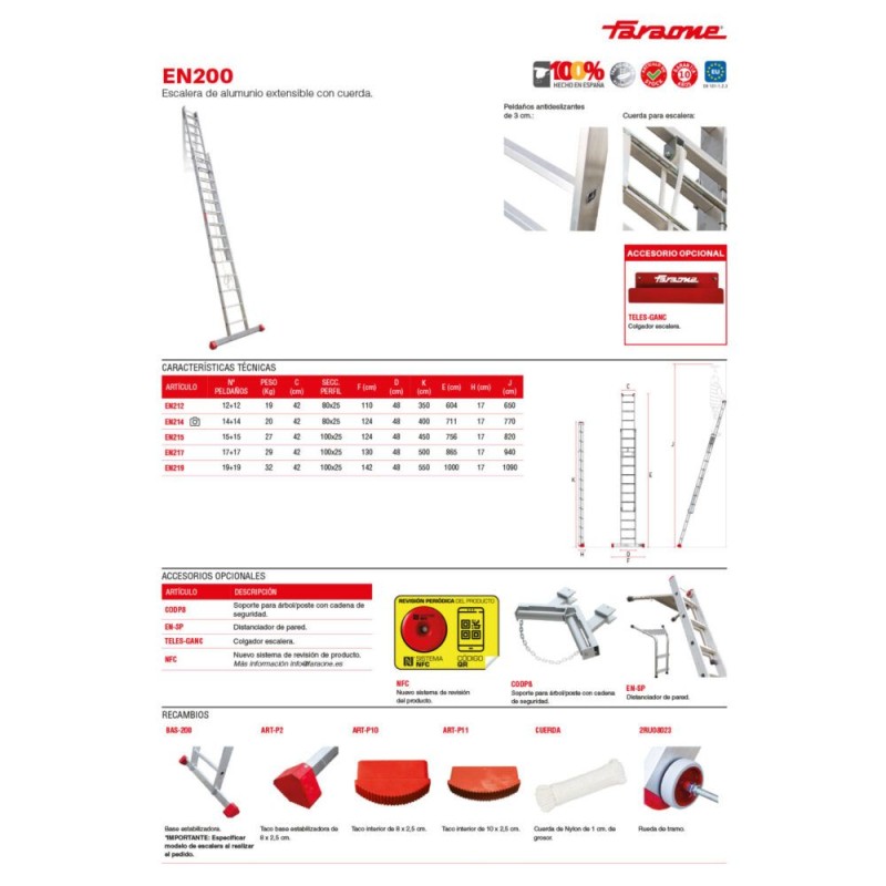 Escalera extensible con cuerda para uso profesional 14 peldaños EN214