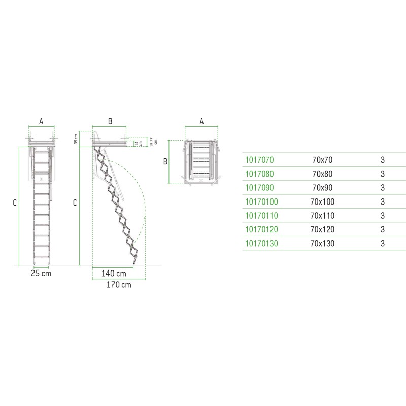 Escalera escamoteable para techo en acero galvanizado RE101-70 ESCALIBUR