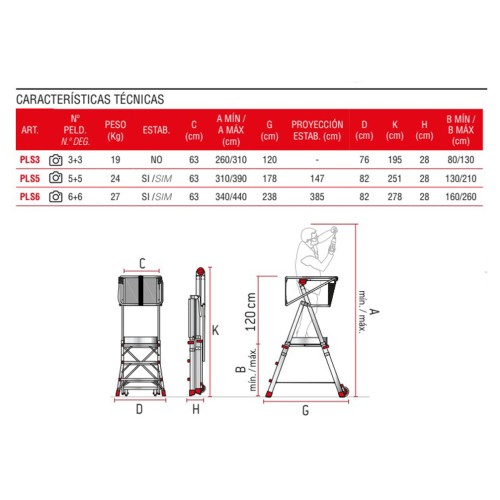 Escada dobrável regulável em altura com plataforma larga PLS6 Faraone