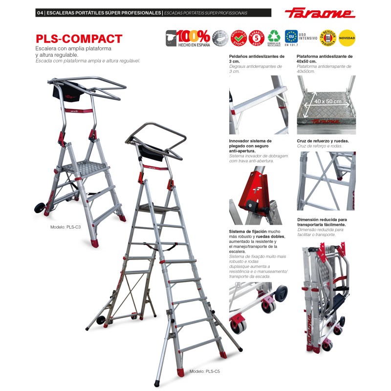 Escada rebatível com altura ajustável e 5 degraus PLS-COMPACT 5