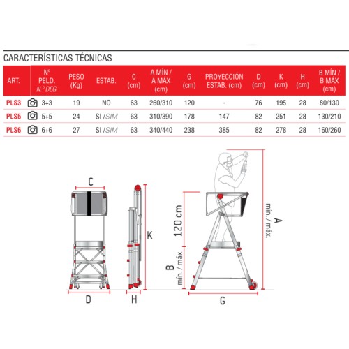 Escalera plegable regulable en altura con amplia plataforma