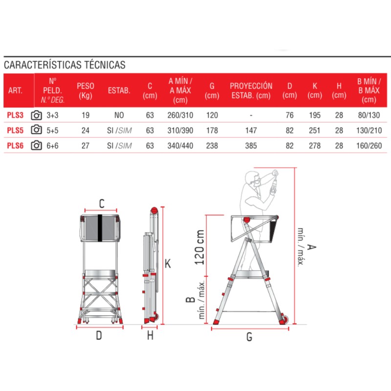 Escalera plegable regulable en altura con amplia plataforma PLS5 Faraone