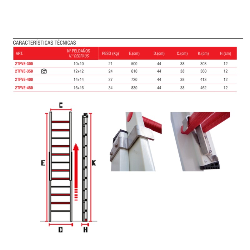 Escalera extensible de fibra y 2 tramos 16+16 peldaños 2TFVE Faraone
