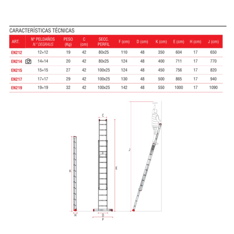 Escalera extensible con cuerda para uso profesional 19 peldaños EN219
