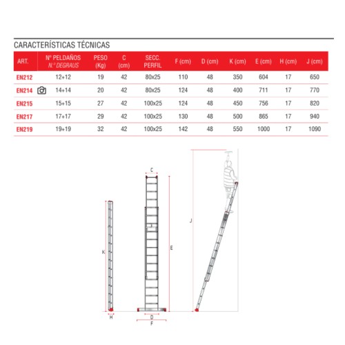 Escalera extensible con cuerda para uso profesional 19 peldaños EN219