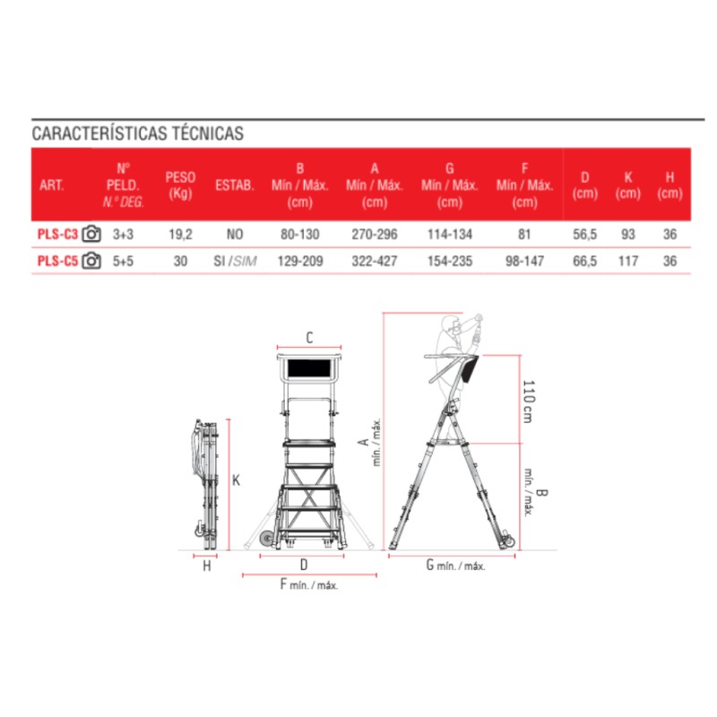 Escalera plegable regulable en altura 3 peldaños PLS-COMPACT 3