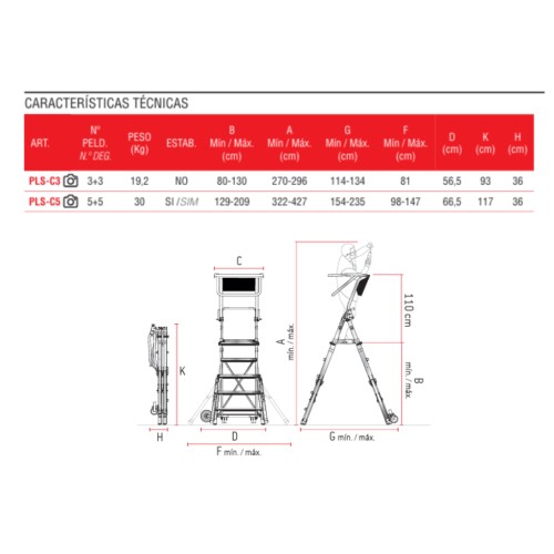 Escalera plegable regulable en altura 5 peldaños PLS-COMPACT 5