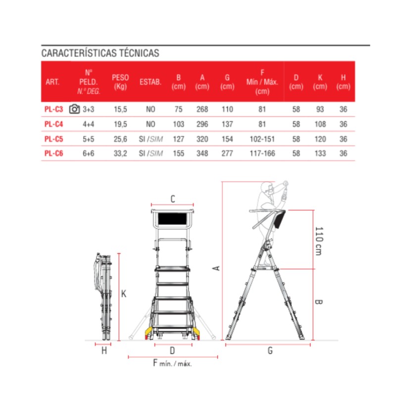 Escada dobrável PL-C3 de 3 degraus com altura ajustável