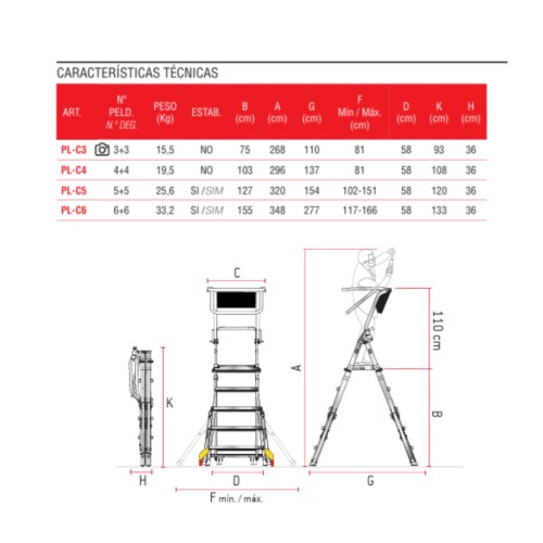 Escada dobrável PL-C3 de 3 degraus com altura ajustável