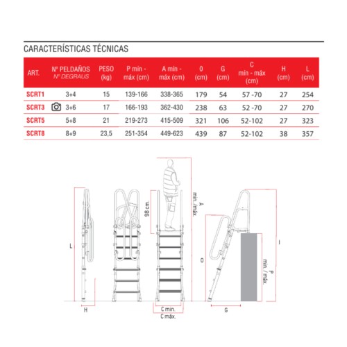 Escada dobrável para camião SCRT 5+8 com altura ajustável