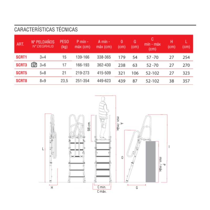 Escada dobrável para camião SCRT 8+9 com altura ajustável