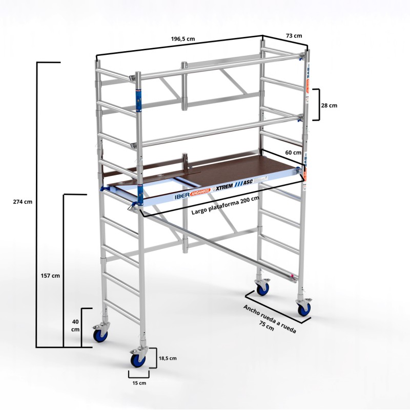 Andaime dobrável XTREM 75x190 3,65 m Altura de trabalho com barras extras