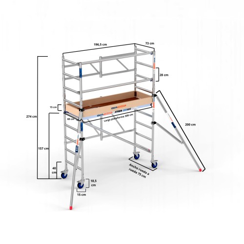 Andamio plegable XTREM 75x190 3,65 m Altura de trabajo con barras extra y rodapié de madera y estabilizadores