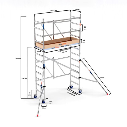 Andamio plegable XTREM 75x190 4,70 m Altura de trabajo con estabilizadores y rodapié de madera