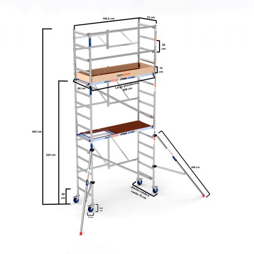 Andamio plegable XTREM 75x190 5,70 m Altura de trabajo con estabilizadores y rodapié de madera