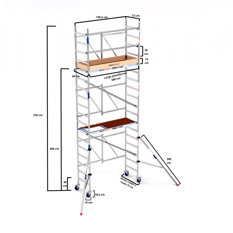 Andamio plegable XTREM 75x190 6,50 m Altura de trabajo con estabilizadores y rodapié de madera
