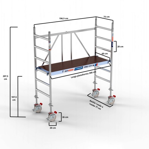 Andaime dobrável com rodas de NYLON 75x190 3,15 metros. S/T com fuso 500 kg