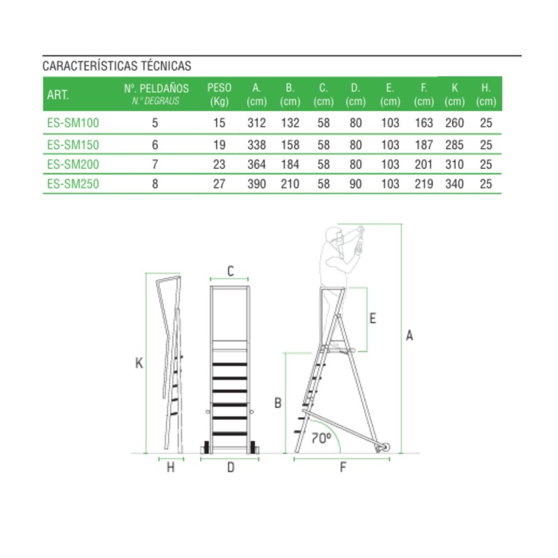 Escalera de almacén aluminio profesional 5 a 8 peldaños