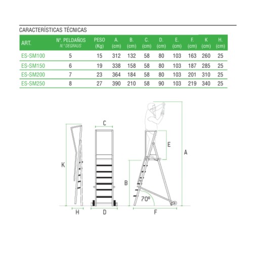 Escalera de almacén aluminio profesional 5 a 8 peldaños