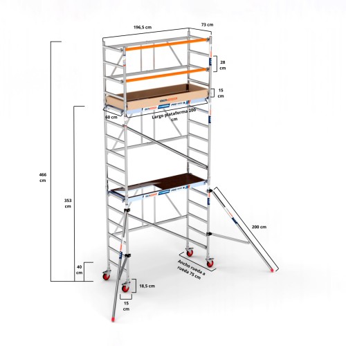 Andamio plegable 75x190 5,70-A m Altura de trabajo con rodapié y estabilizadores