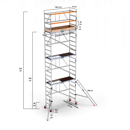 Andamio plegable 75x190 7,50 m Altura de trabajo con rodapié y estabilizadores