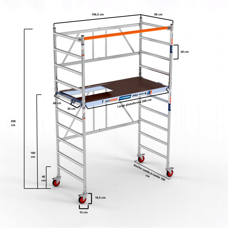 Andamio plegable 90x190 3,85 m Altura trabajo Plataforma C/T + Plataforma 30 cm