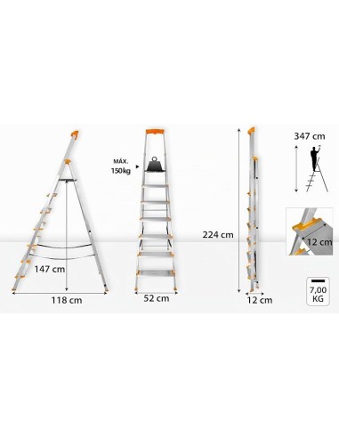 Escada de alumínio de 7 degraus confortáveis, 12 cm
