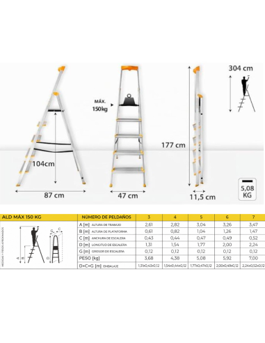 Escalera aluminio 5 peldaños cómodos