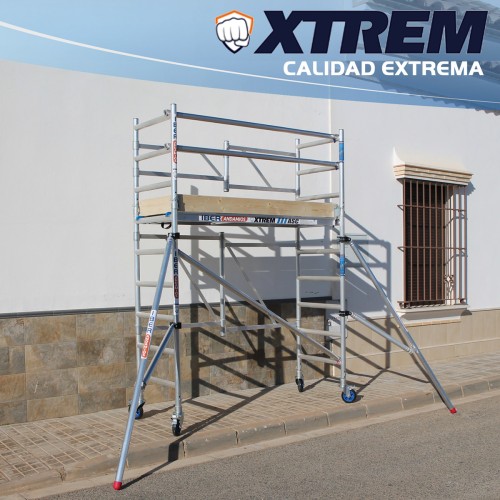 Andaime dobrável XTREM 75x190 3,65 m Altura de trabalho com barras extras e rodapé de madeira e estabilizadores