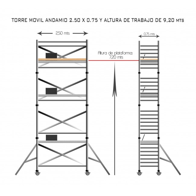 Torre de andaimes móvel mais alumínio IBERANDAMIOS 75 x 250 x 920 altura de trabalho